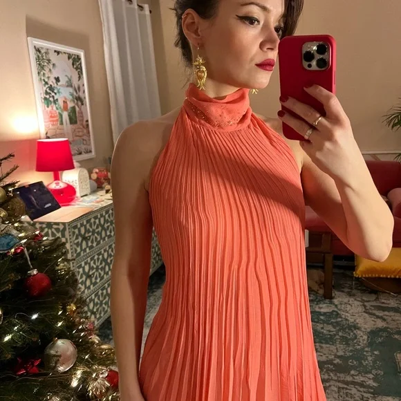 Coral Pleated midi Dress